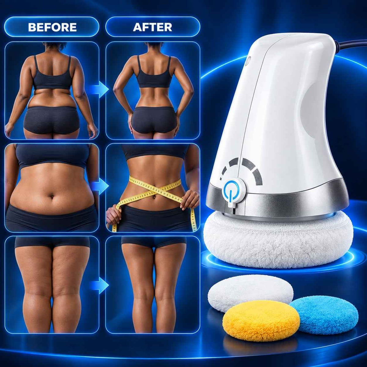 TheraCare Pro body massager beside before-and-after style body comparison images and interchangeable pads.