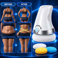 TheraCare Pro body massager beside before-and-after style body comparison images and interchangeable pads.