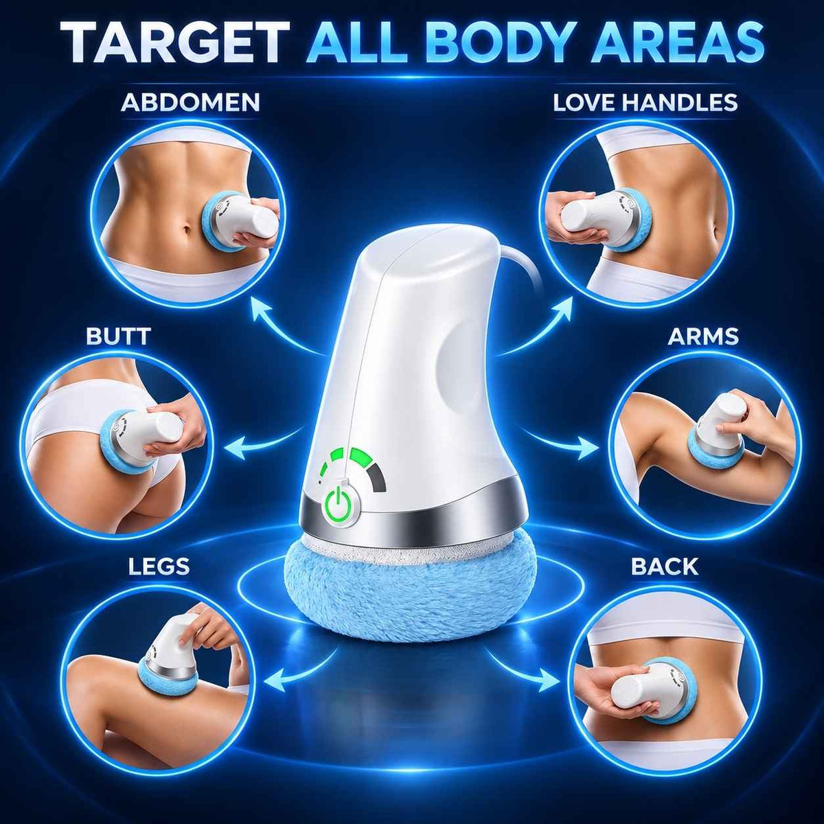 TheraCare Pro body massager with examples of use on the abdomen, waist, glutes, arms, legs and back.