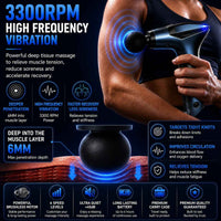 A handheld high-frequency massage gun being used on a person's upper back and shoulder, with large promotional text and feature callouts on a dark blue background. The product is black and dark gray with blue illuminated effect graphics.