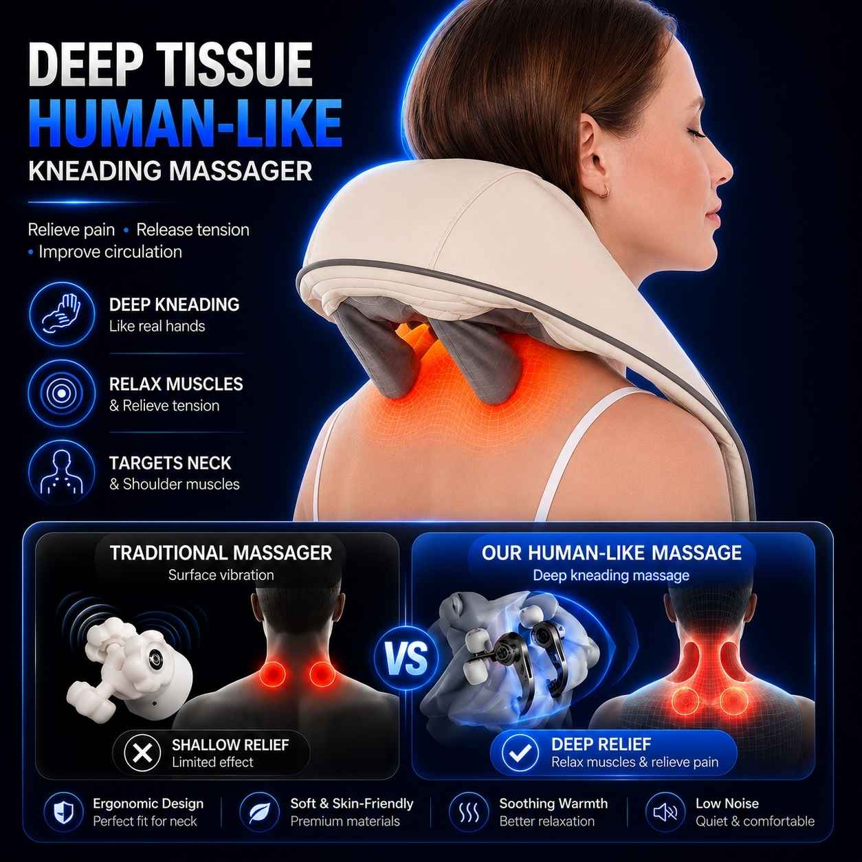 Woman receiving a deep tissue human-like kneading massage with product features highlighted.