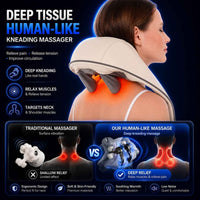 Woman receiving a deep tissue human-like kneading massage with product features highlighted.