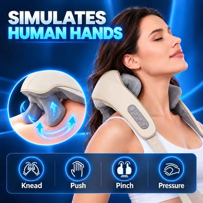 Woman using TheraCore Pro 2.0 with illustrations of kneading, pushing, pinching and pressure movements.