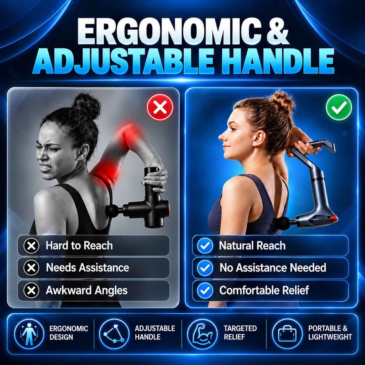 TheraMuscle Gun extended ergonomic handle demonstrating easier access to the shoulders and back.