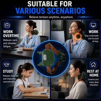 An infographic-style promotional graphic for a neck and shoulder massager. The center shows the green and brown wearable device, with four lifestyle panels around it showing people at work, studying, and resting, plus text such as 'SUITABLE FOR VARIOUS SCENARIOS' and 'Relieve tension anytime, anywhere.