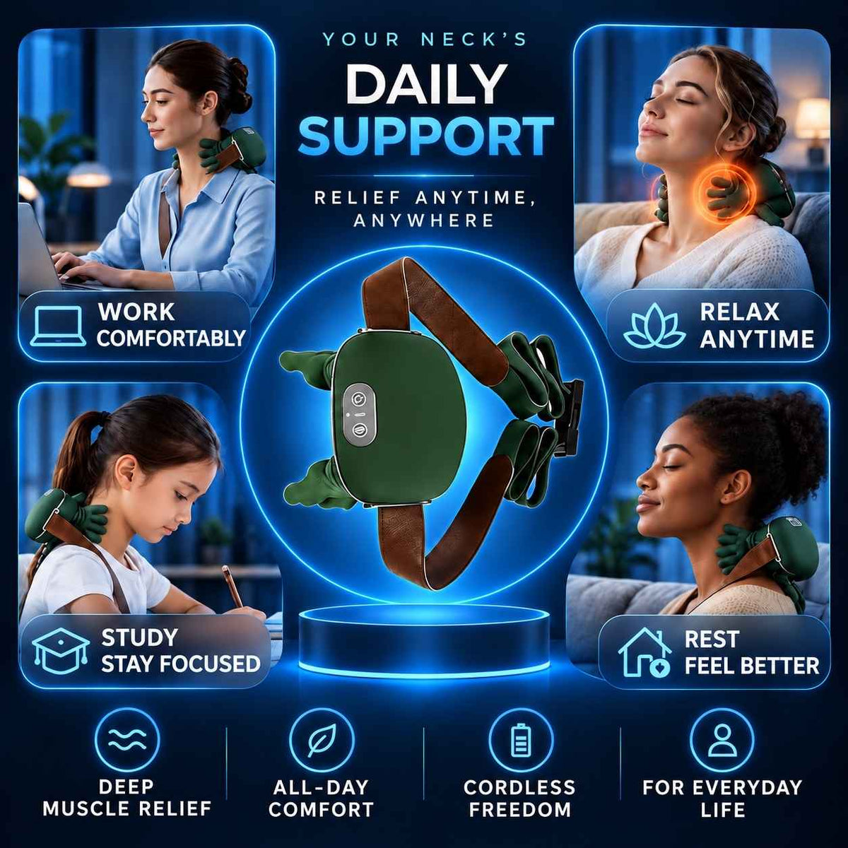 TheraNeck Pro green neck massager surrounded by four everyday lifestyle scenes.