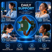 TheraNeck Pro green neck massager surrounded by four everyday lifestyle scenes.