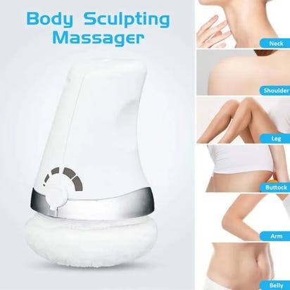 Body sculpting massager with images of body parts it can target on a white background