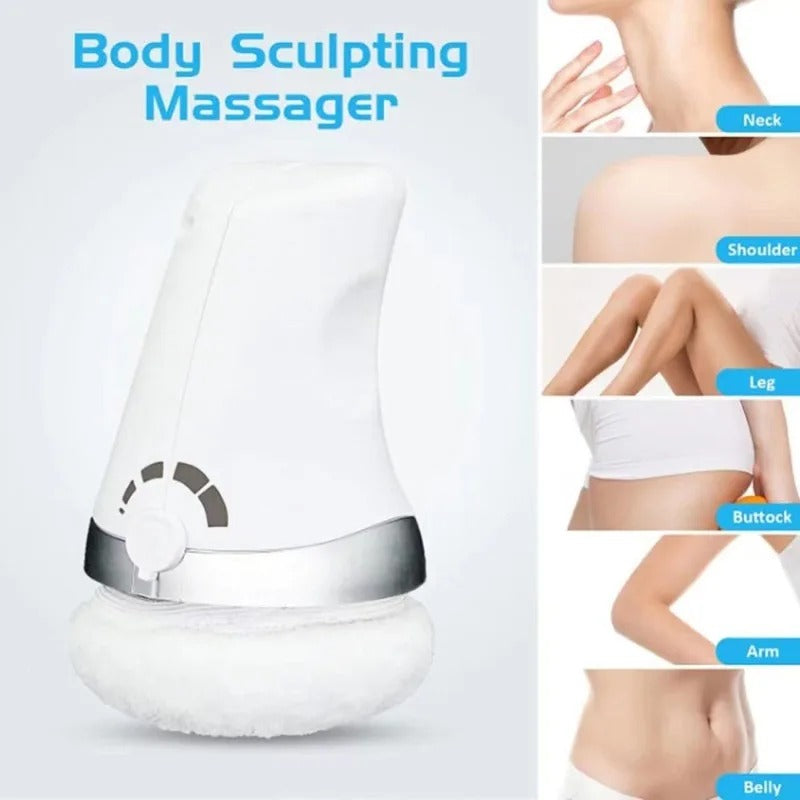 Body sculpting massager with images of body parts it can target on a white background