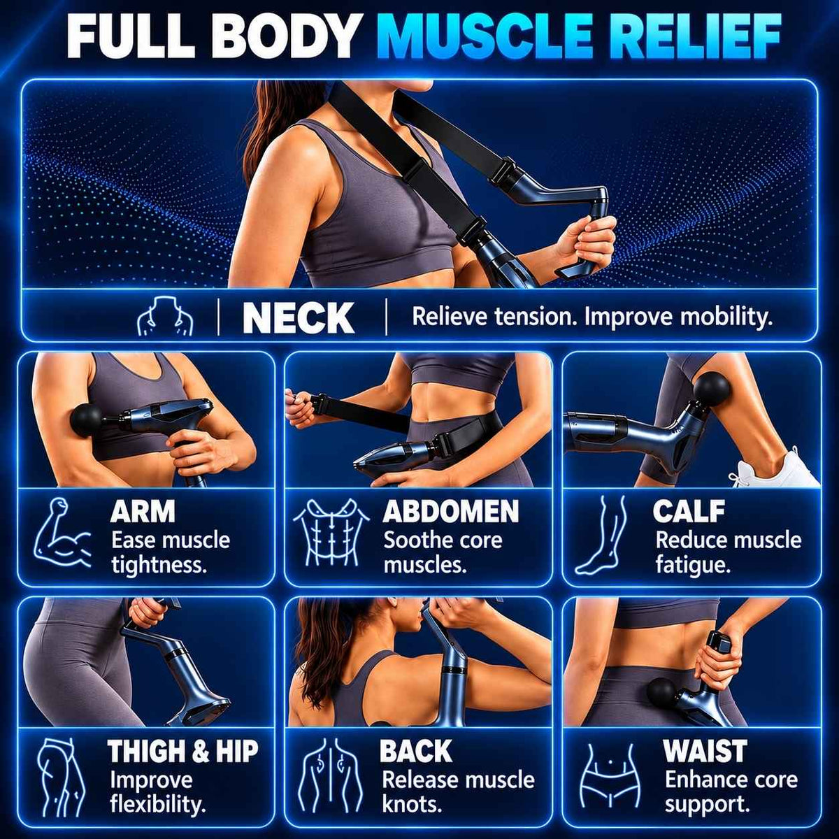 TheraMuscle Gun showing massage areas across the back, arms and legs.