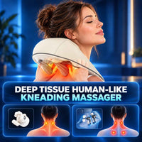 Woman wearing a beige TheraCore Pro 2.0 massager for targeted neck and shoulder massage.