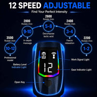 A 12-speed adjustable electric massager shown on a dark blue background with glowing blue outline and labeled feature callouts including speed settings, battery level indicator light, work signal light, gear indicator light, and open key.