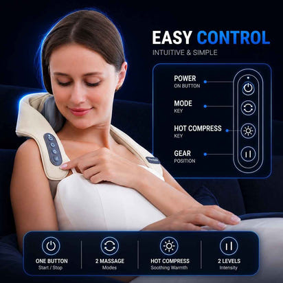 Woman setting using a neck and shoulder massager with control panel details on a dark background 