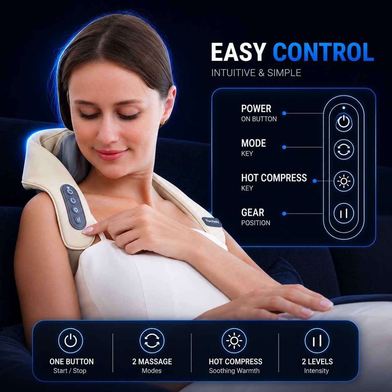 Woman setting using a neck and shoulder massager with control panel details on a dark background 