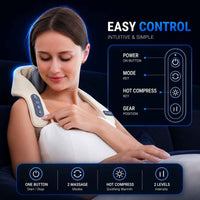 Woman setting using a neck and shoulder massager with control panel details on a dark background 