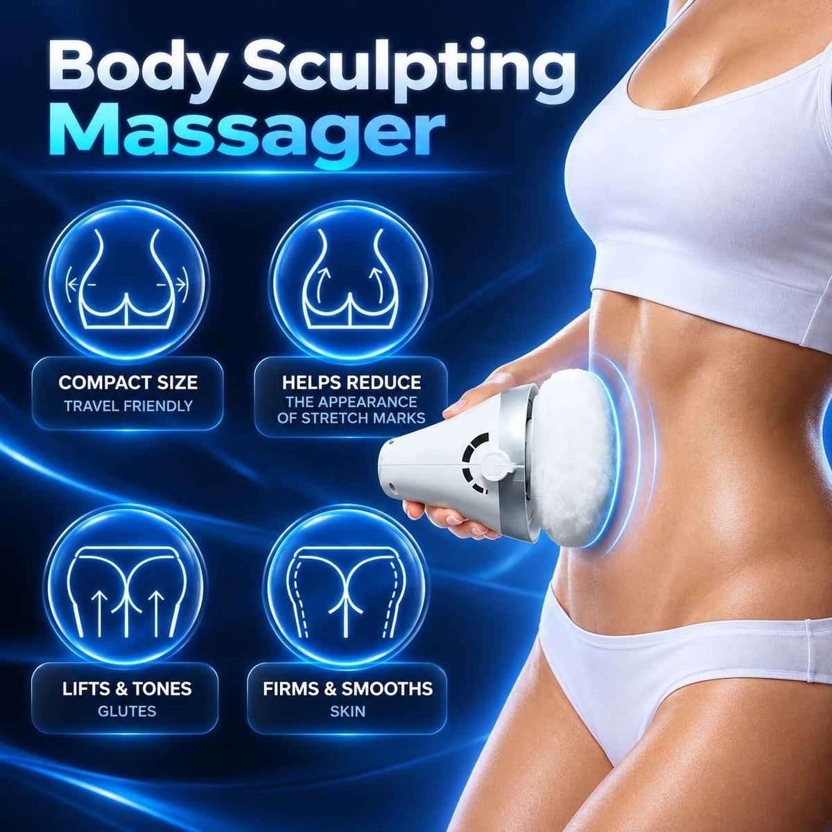 Woman holding TheraCare Pro body massager against her abdomen with illustrations of different massage areas.