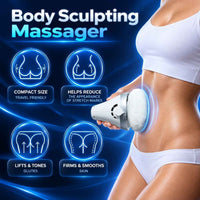 Woman holding TheraCare Pro body massager against her abdomen with illustrations of different massage areas.