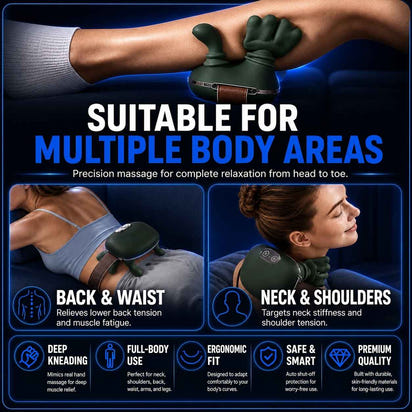 Promotional graphic for a neck and back massage device, showing a hand applying pressure to a green neck massager on a person's neck, with text reading 'SUITABLE FOR MULTIPLE BODY AREAS' and sections labeled 'BACK & WAIST' and 'NECK & SHOULDER'.
