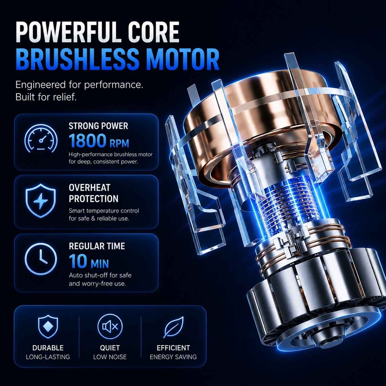 Brushless motor with features highlighted on a dark background