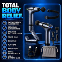 TheraMuscle Gun complete kit with extended handle and massage accessories.