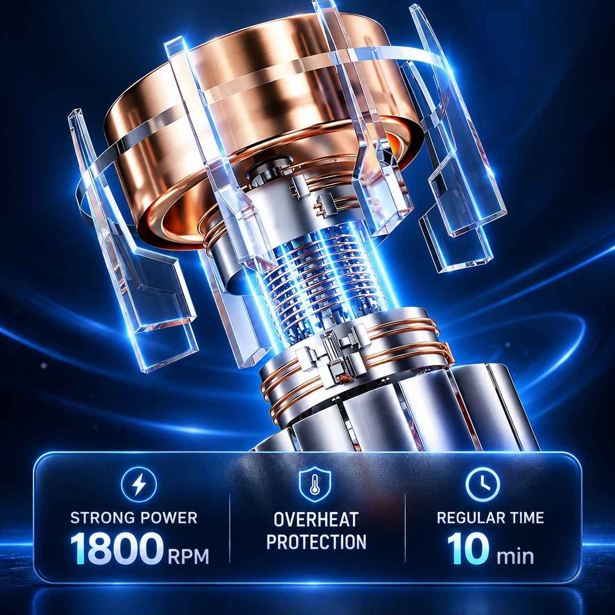 TheraCore Pro 2.0 motor component with blue technical effects and performance feature icons.