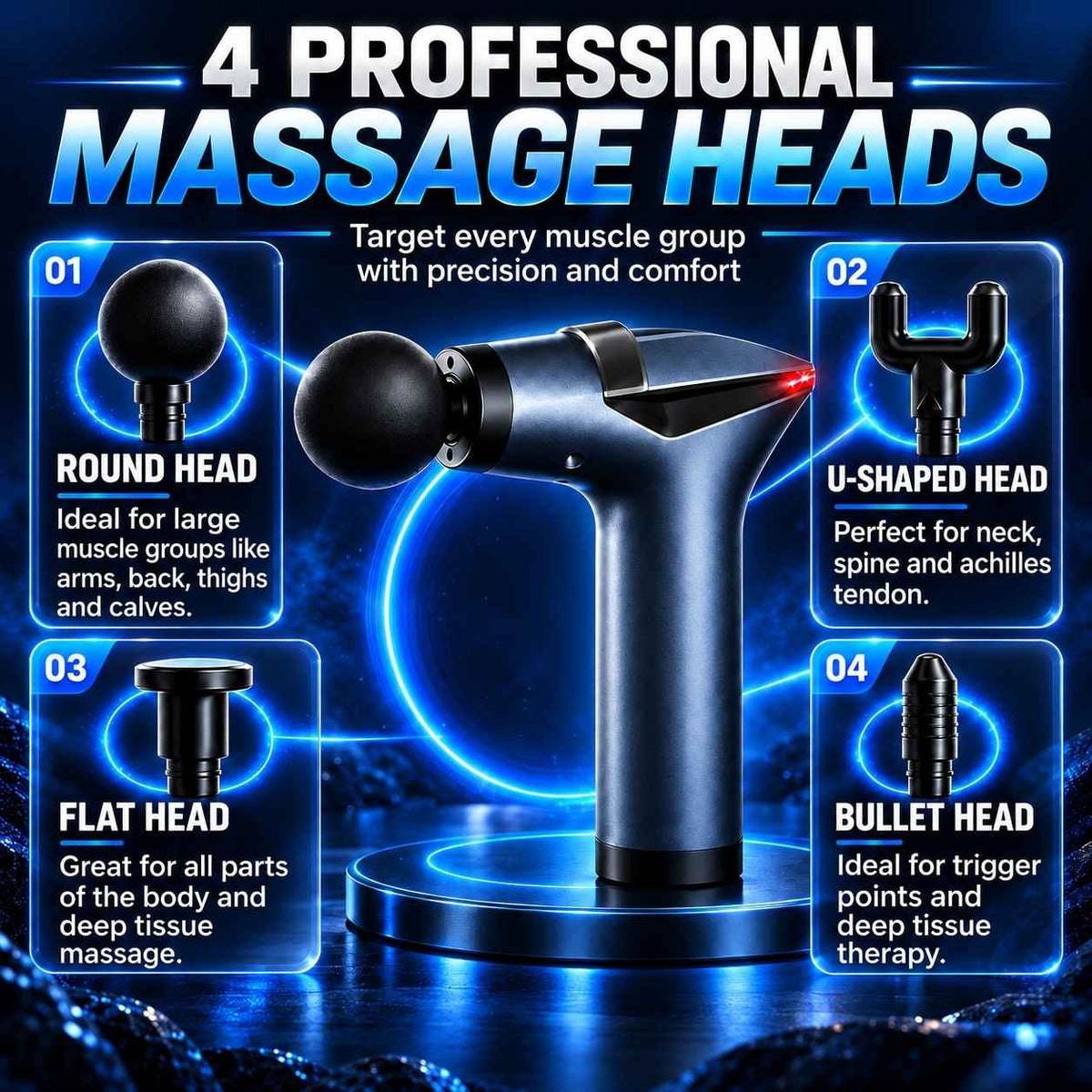 TheraMuscle Gun with four interchangeable massage heads for targeted massage.