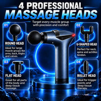 TheraMuscle Gun with four interchangeable massage heads for targeted massage.