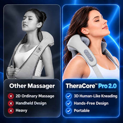 TheraCore Pro 2.0 compared with a conventional neck massager for kneading and hands-free use.
