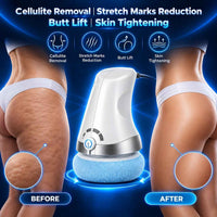 TheraCare Pro body massager shown alongside before-and-after style thigh comparison photographs.