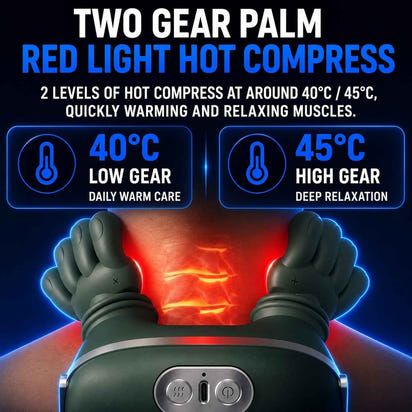 An electric hot massage gun being used on a person's neck and upper back, with glowing red heat zones and blue temperature indicators showing 40°C low gear and 45°C high gear. The product is dark gray/black with silver buttons.