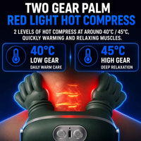 An electric hot massage gun being used on a person's neck and upper back, with glowing red heat zones and blue temperature indicators showing 40°C low gear and 45°C high gear. The product is dark gray/black with silver buttons.