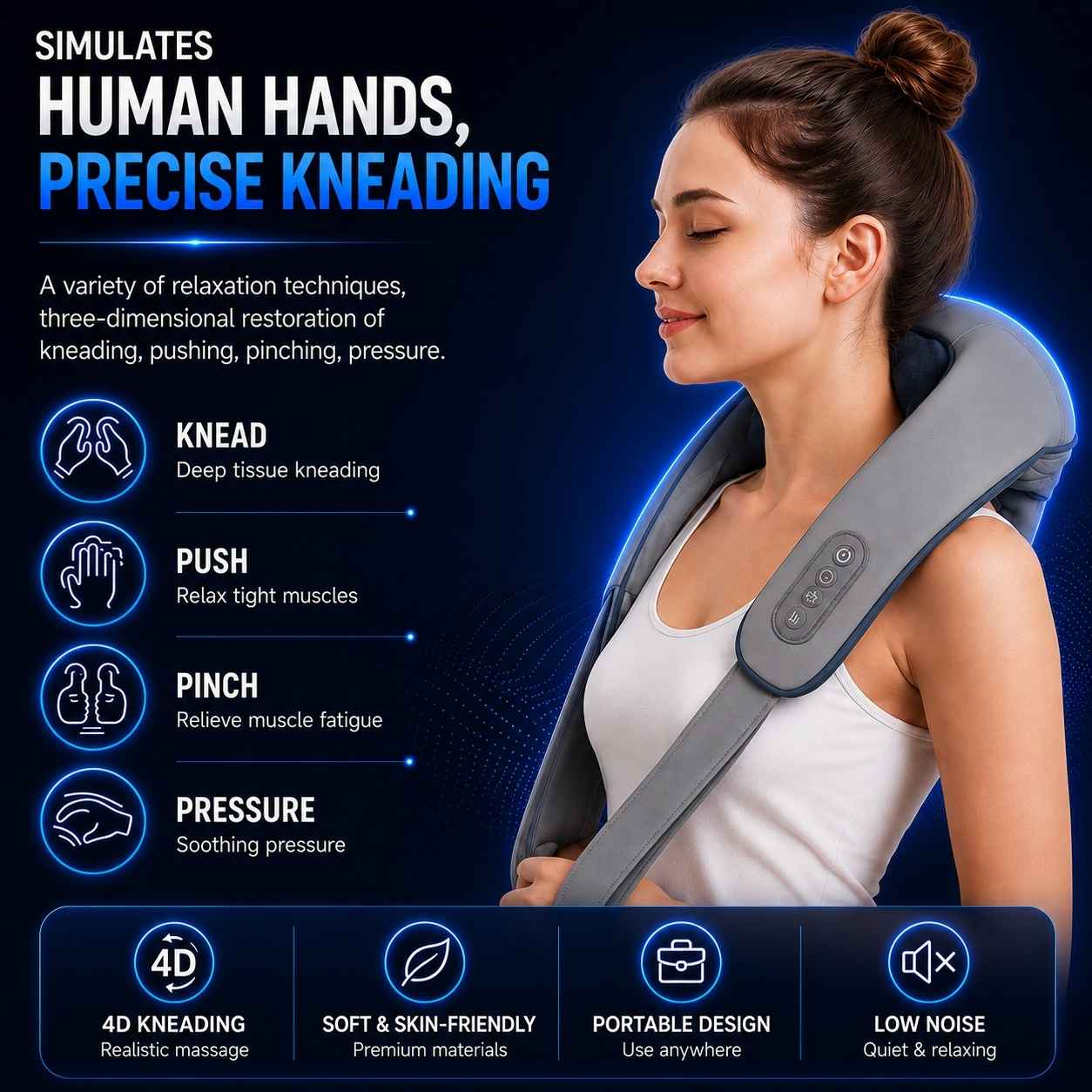 A woman wearing a gray neck and shoulder massager, shown against a dark blue promotional background with text describing massage functions and product features.