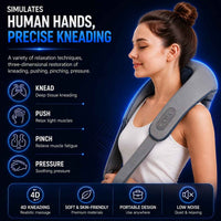 A woman wearing a gray neck and shoulder massager, shown against a dark blue promotional background with text describing massage functions and product features.