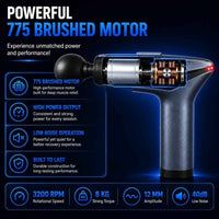 A promotional graphic for a handheld massage gun with a black and metallic body, shown on a dark blue background with marketing text and feature icons. The product is highlighted as having a 775 brushed motor, high power output, low noise operation, and durable construction.