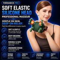 A promotional graphic for a Theraneck Pro silicone head professional masseur. A woman is shown holding the dark green, textured silicone head, which has glowing orange-red massage nodes.