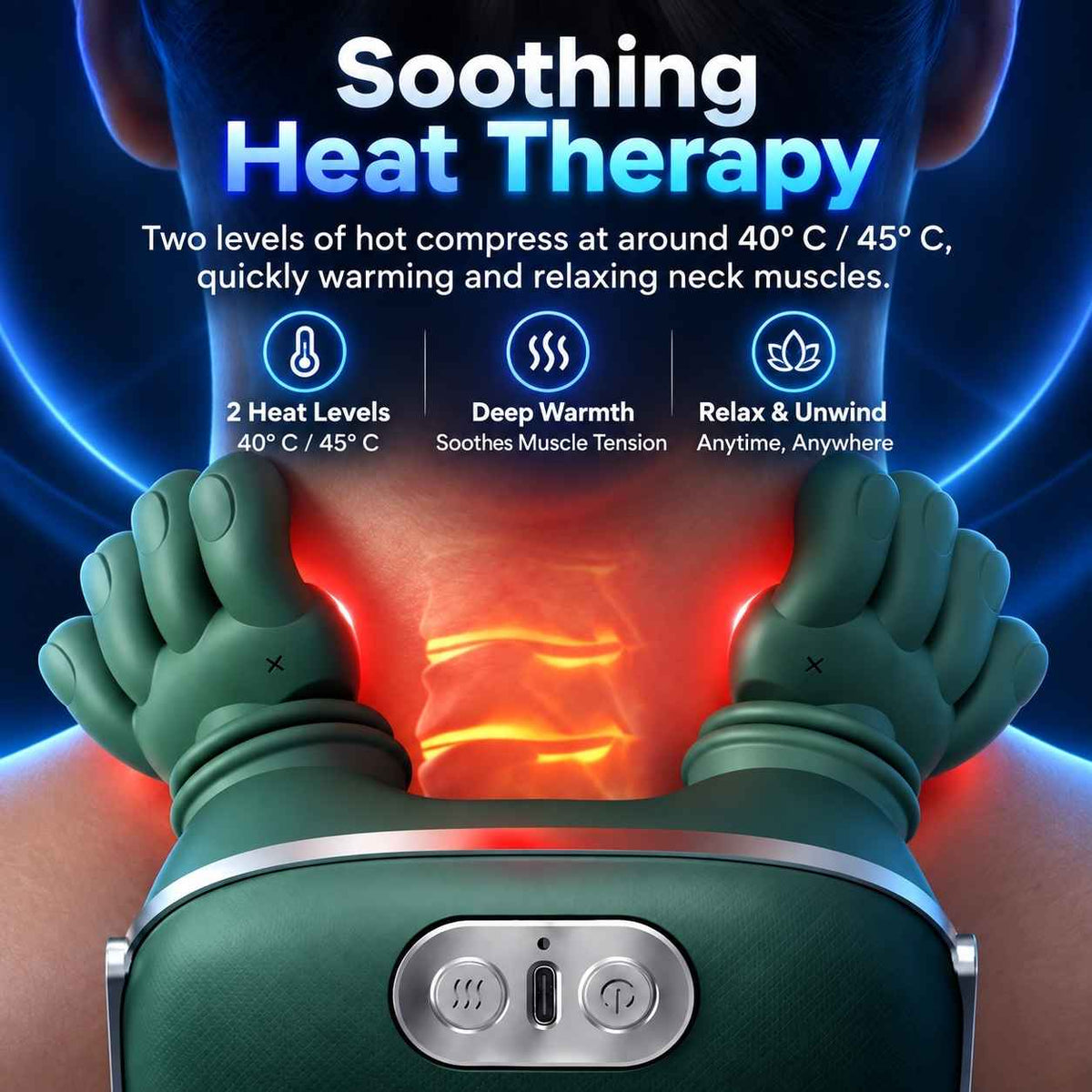 TheraNeck Pro neck massager with red heat-zone illustrations.