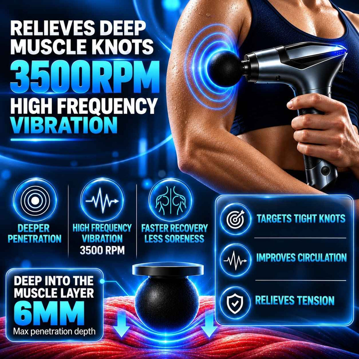 TheraMuscle Gun percussion massager targeting upper-arm muscle tension with adjustable massage intensity.