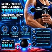 TheraMuscle Gun percussion massager targeting upper-arm muscle tension with adjustable massage intensity.