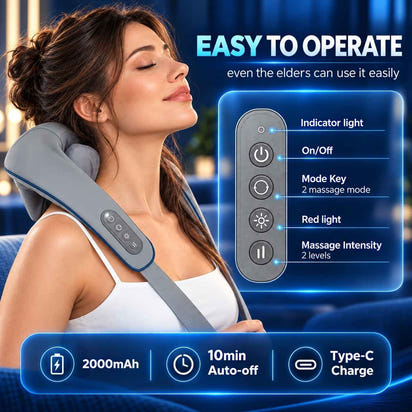 Woman wearing TheraCore Pro 2.0 with control-button diagram, intensity settings and charging features.