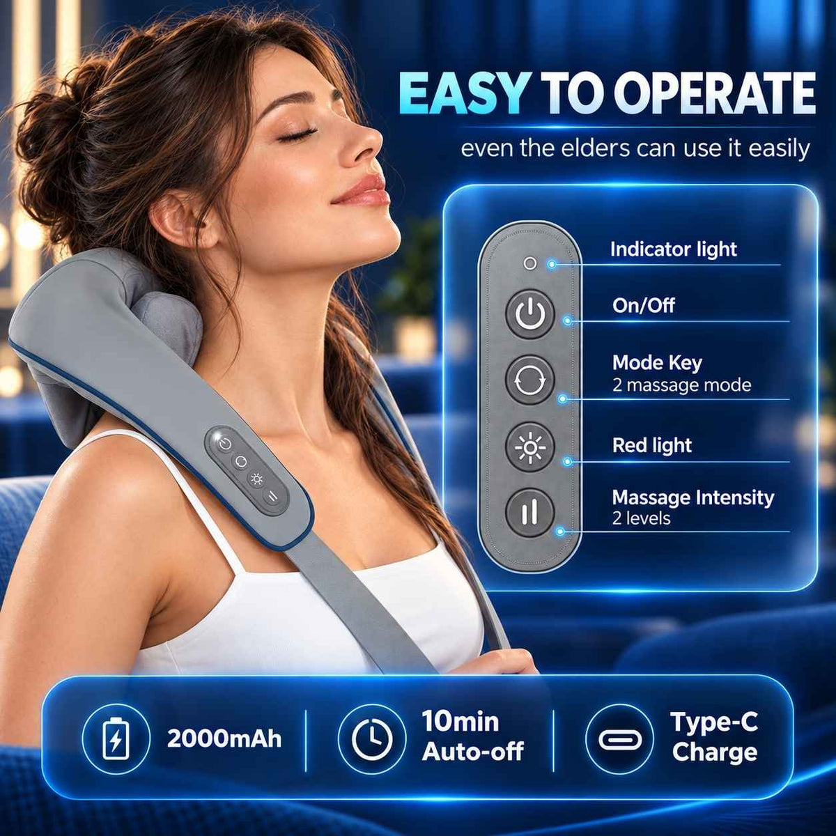 Woman wearing TheraCore Pro 2.0 with control-button diagram, intensity settings and charging features.