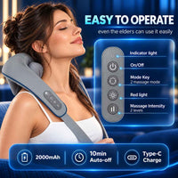 Woman wearing TheraCore Pro 2.0 with control-button diagram, intensity settings and charging features.
