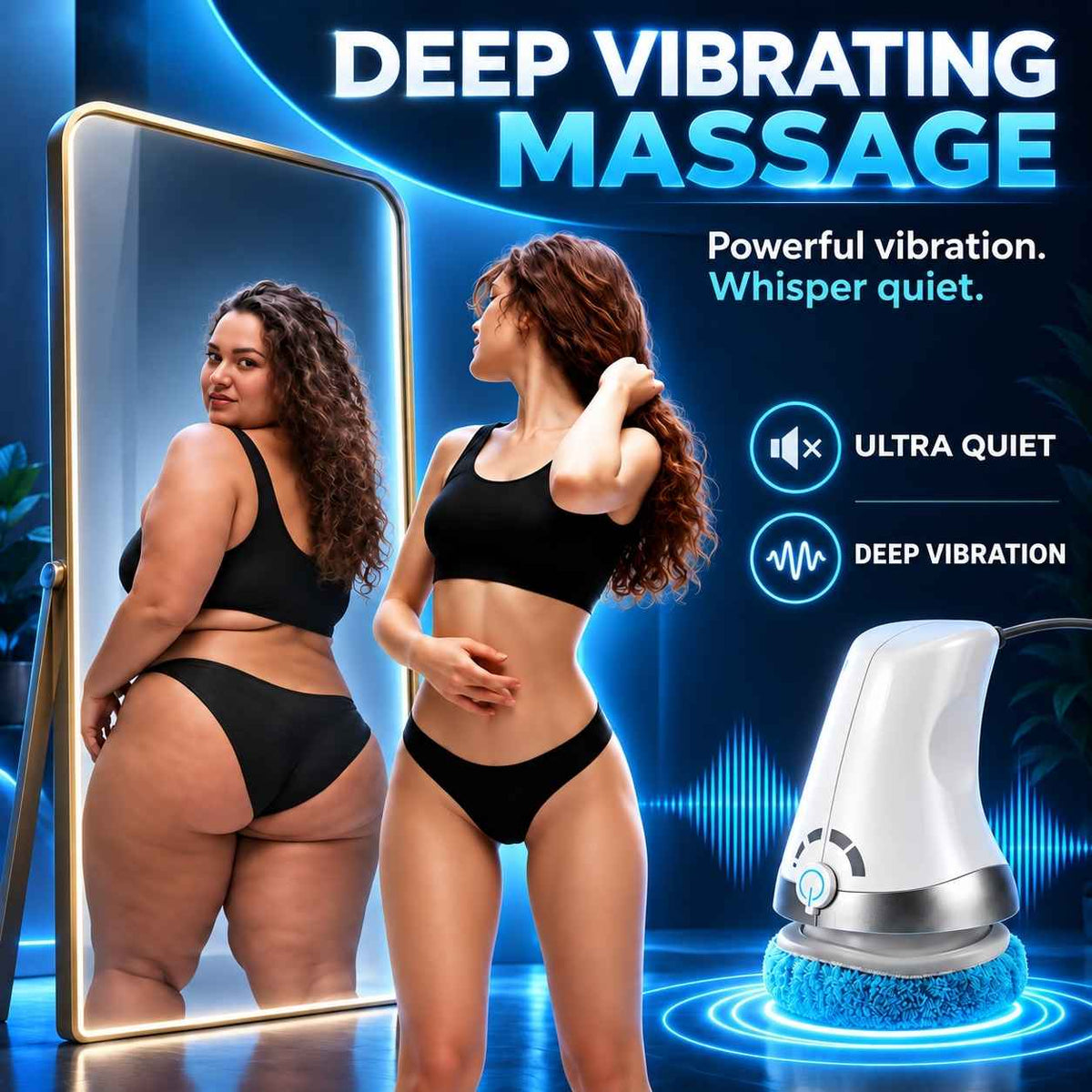 Two women in black outfits demonstrating body-care areas in a dark blue promotional graphic.