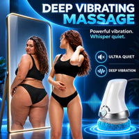 Two women in black outfits demonstrating body-care areas in a dark blue promotional graphic.