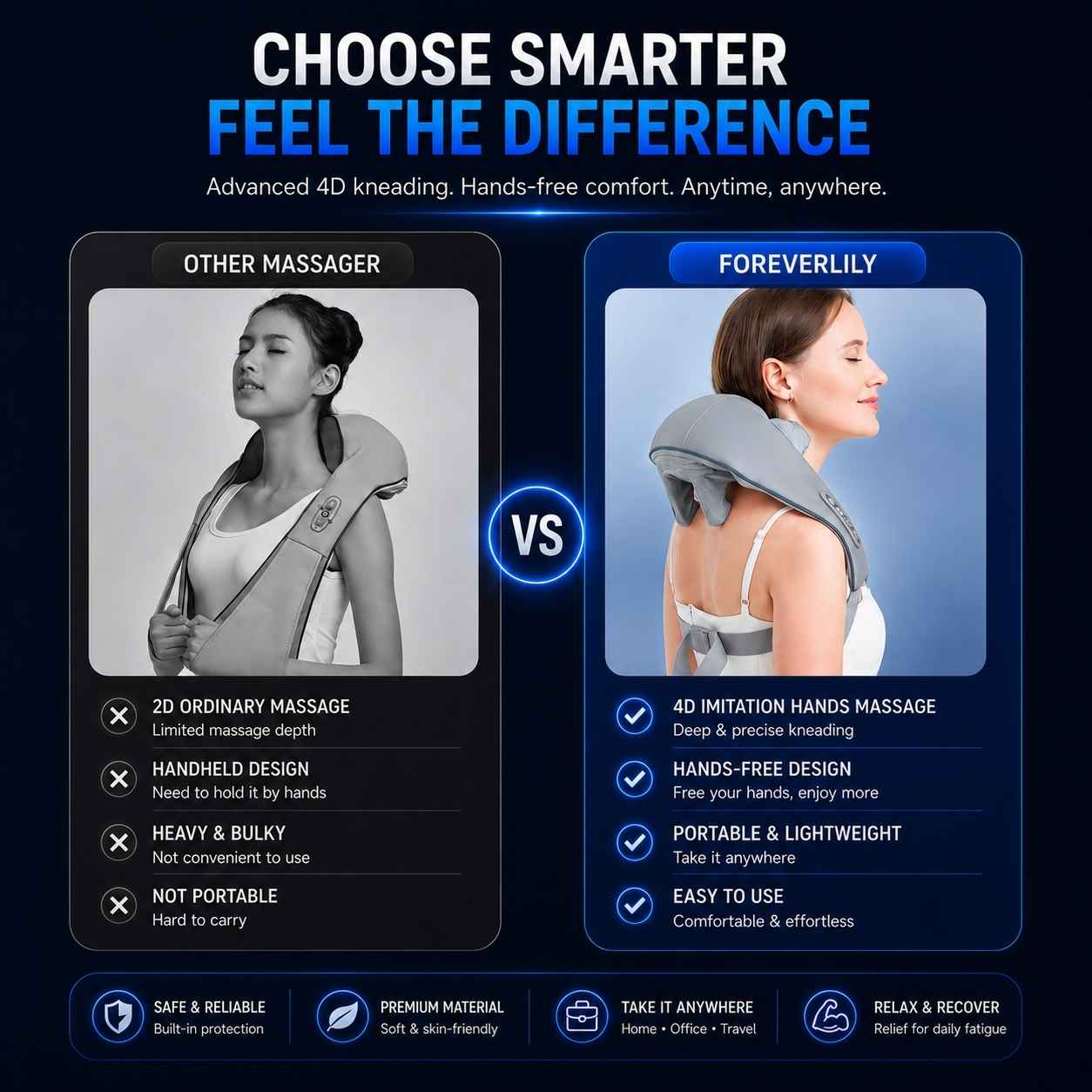 A promotional comparison graphic for a shoulder and neck massager, showing a woman wearing the product in two side-by-side panels labeled 'OTHER MASSAGER' and 'FOREVERLILY,' with feature callouts and a dark blue background.
