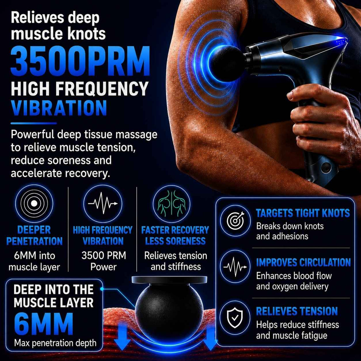 An infographic-style promotional graphic for a handheld deep tissue massage gun. A cropped human arm and shoulder are shown on the right, with the massage gun applied to the muscle.