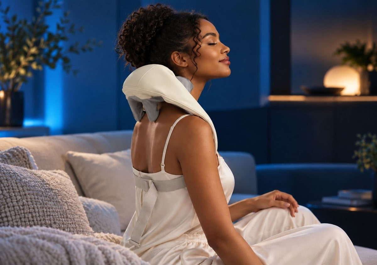 A woman in a white robe sits on a couch in a modern living room, using TheraCore™ Pro 2.0 massager. The room has blue ambient lighting, a sofa, and decorative plants.
