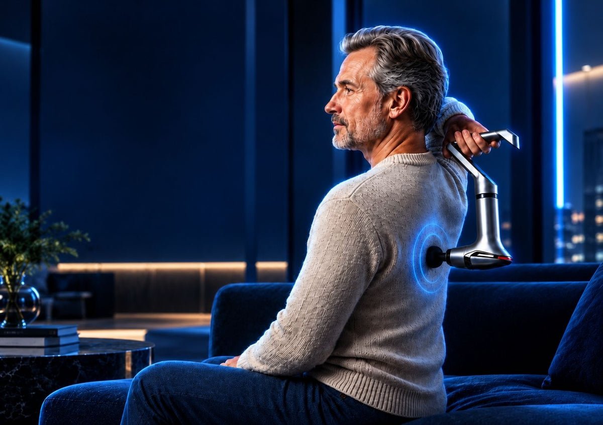 A man in a gray sweater sits on a dark blue couch in a modern living room, using TheraMuscle Gun™ massager against his upper back. The device is shown with a glowing blue circular indicator on his back, suggesting massage or therapy use.