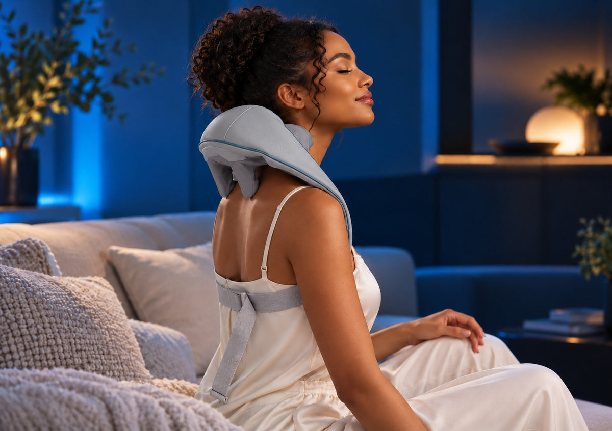 A woman in a white robe sits on a couch in a modern living room, using TheraCore™ Pro 2.0 massager. The room has blue ambient lighting, a sofa, and decorative plants.