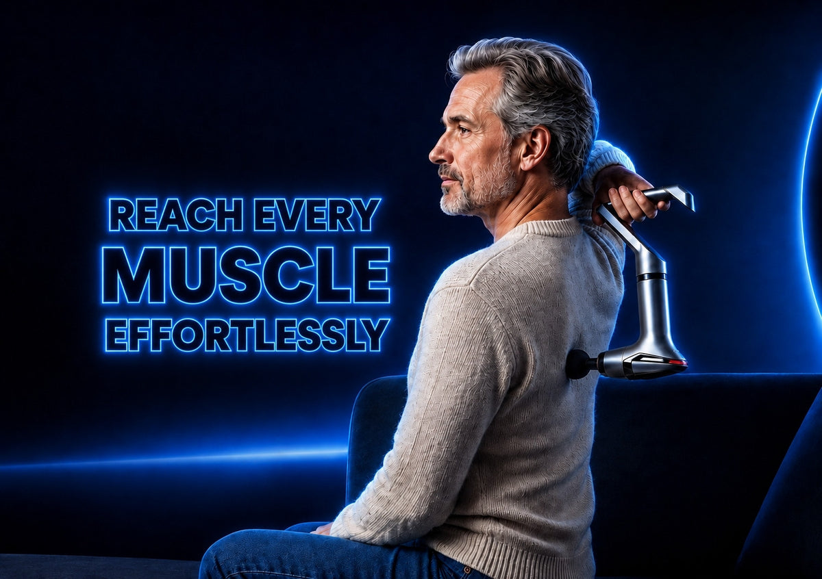 A man in a beige sweater and jeans sits on a dark chair, using a handheld muscle stimulator device on his upper back. The background is dark blue with glowing blue light effects and the text 'REACH EVERY MUSCLE EFFORTLESSLY' on the left.
