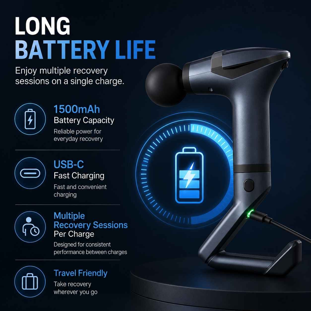 Magnetic car mount with battery display on a dark background, highlighting battery life and features.